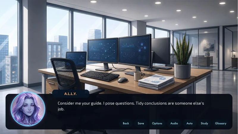 A.L.L.Y., the AI guide, speaking in the dialogue box over an office scene.