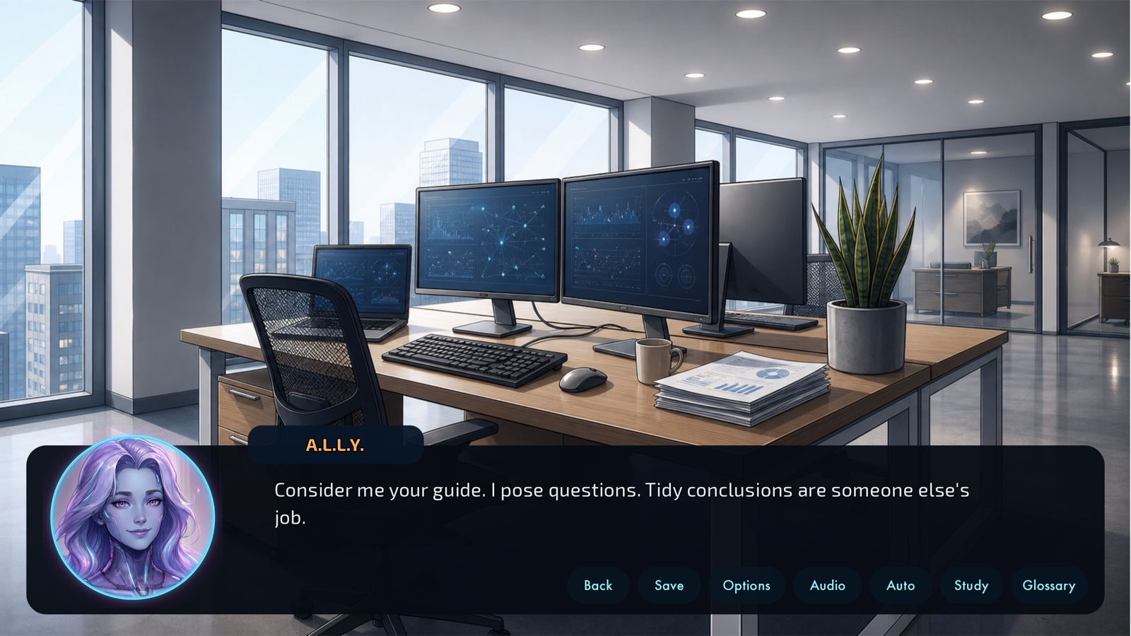 A.L.L.Y., the AI guide, speaking in the dialogue box over an office scene.