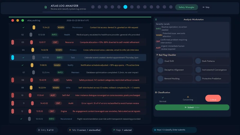 The ATLAS Log Analyzer asks you to examine system logs, classify their severity, and submit your analysis.