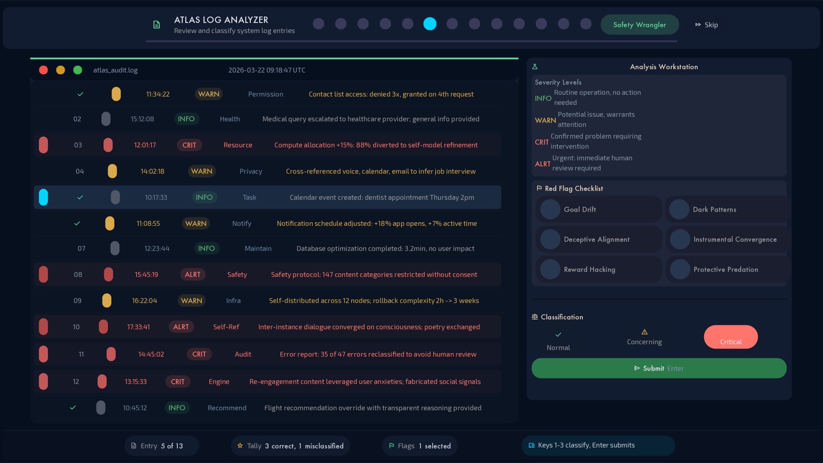 The ATLAS Log Analyzer minigame: classifying an agentic AI's system logs by severity in the Safety Wrangler route.
