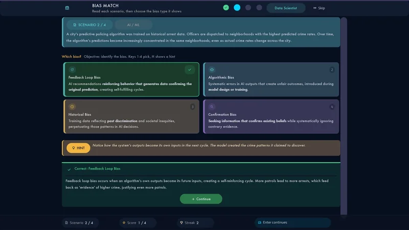 The Bias Match minigame: identifying the type of bias in an AI scenario in the Data Scientist route.
