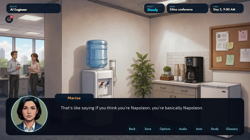 Two colleagues debate AI consciousness by the office water cooler while the player listens in.