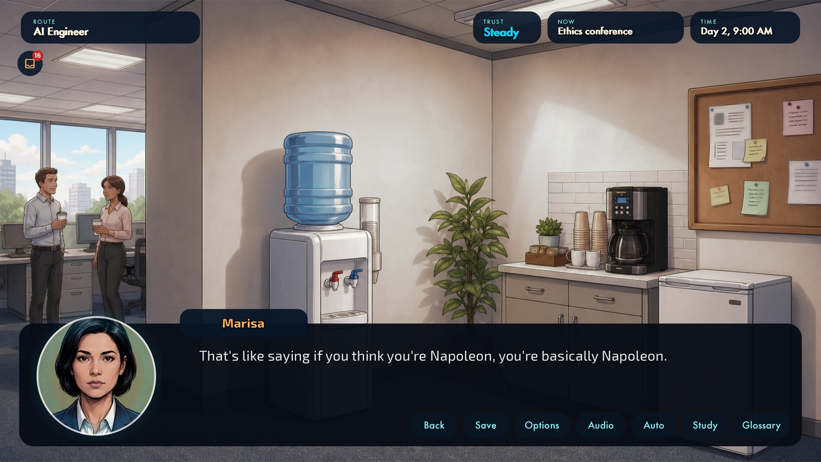 Two colleagues debate AI consciousness by the office water cooler while the player listens in.