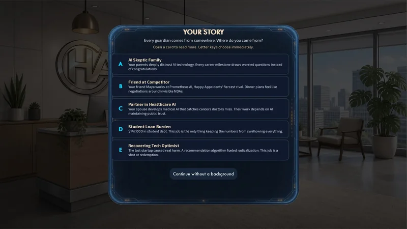 The Your Story screen: choosing your character's background from narrative options.