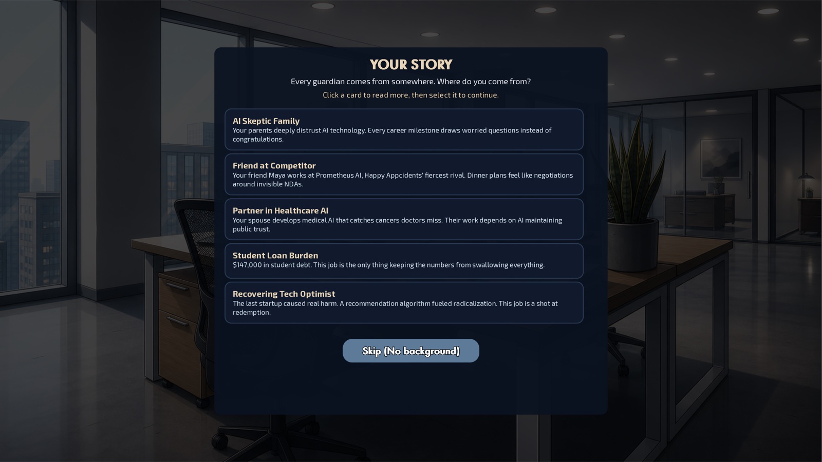 The Your Story screen: choosing your character's background from narrative options.