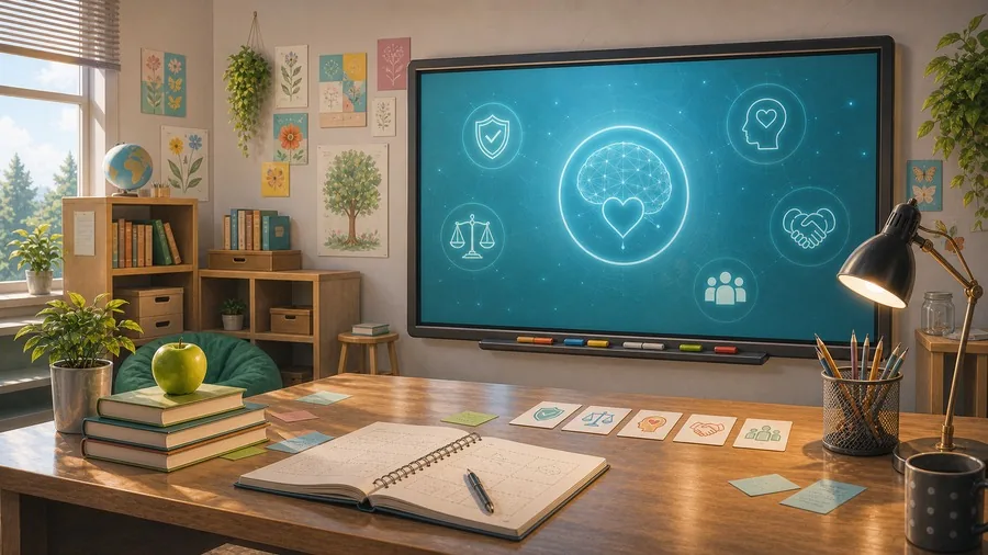 A teacher staff room planning scene in AI Guardians.